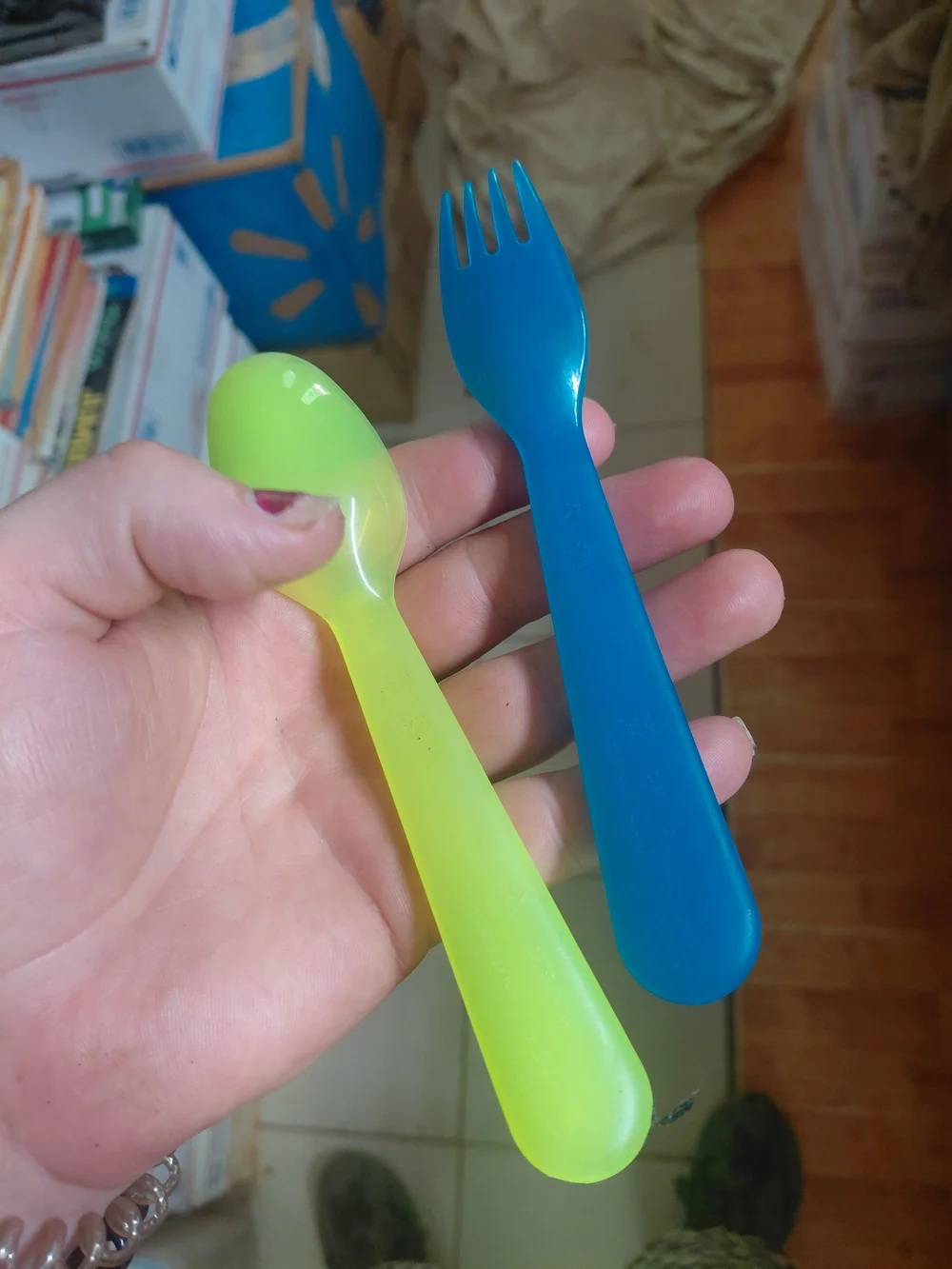 Reusable Blue & Lime Plastic Fork and Spoon Set - Unbranded